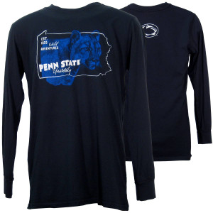 navy long sleeve t-shirt with PA outline, mountain lion, Penn State University, Est. 1855 Wild Adventures, Athletic Logo on back